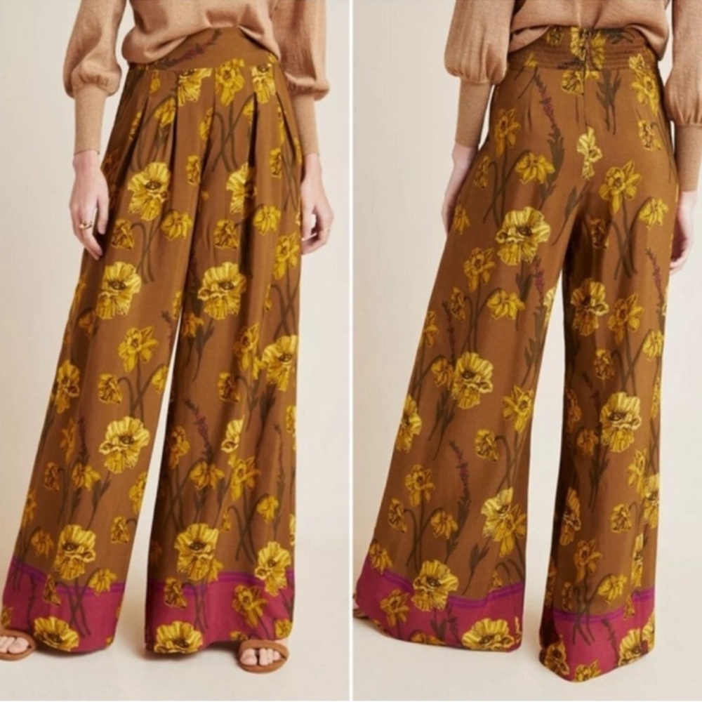 Anthropologie Brown Wide-Leg Floral Trousers with Yellow & Pink Accents